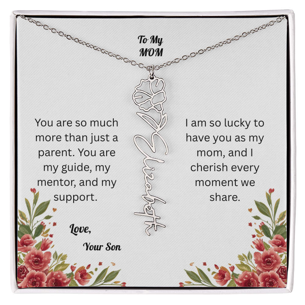 The Mother's Day Garden: Custom Birth Flower and Name Necklace from Son