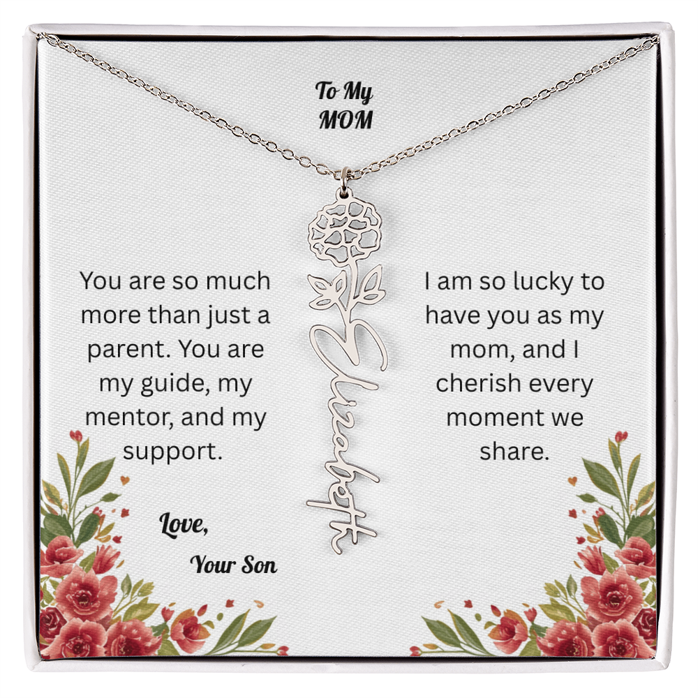 The Mother's Day Garden: Custom Birth Flower and Name Necklace from Son