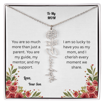 The Mother's Day Garden: Custom Birth Flower and Name Necklace from Son