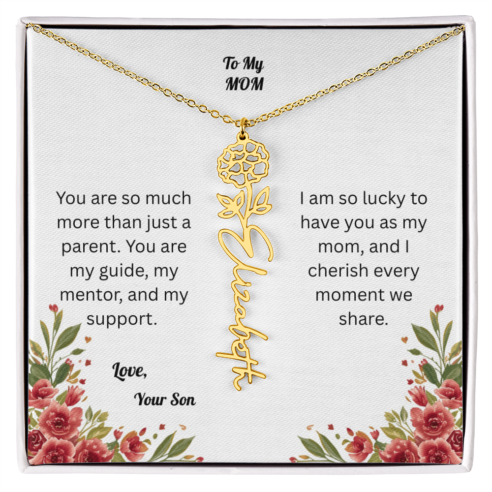 The Mother's Day Garden: Custom Birth Flower and Name Necklace from Son