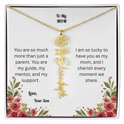 The Mother's Day Garden: Custom Birth Flower and Name Necklace from Son