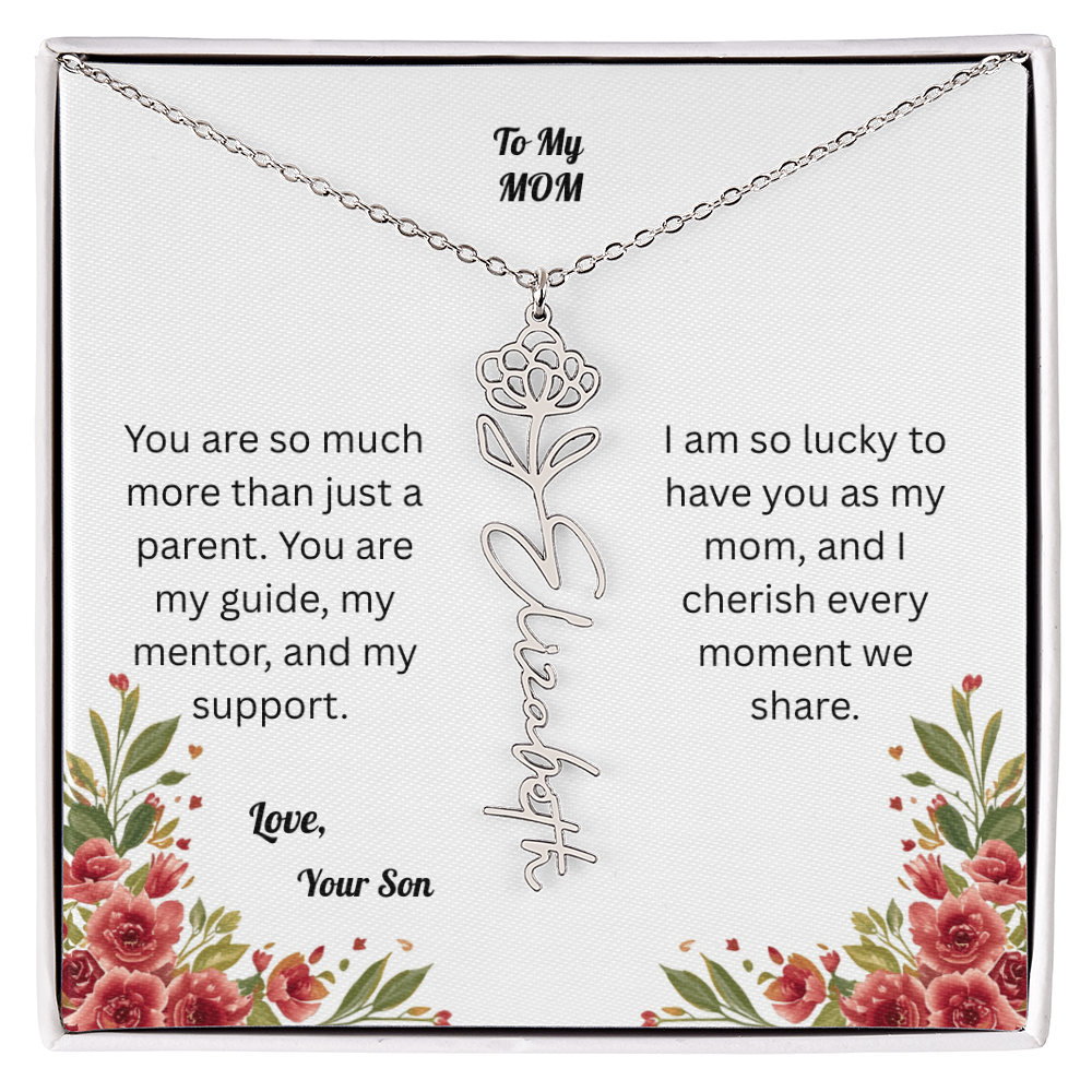 The Mother's Day Garden: Custom Birth Flower and Name Necklace from Son