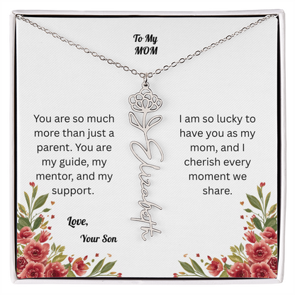 The Mother's Day Garden: Custom Birth Flower and Name Necklace from Son