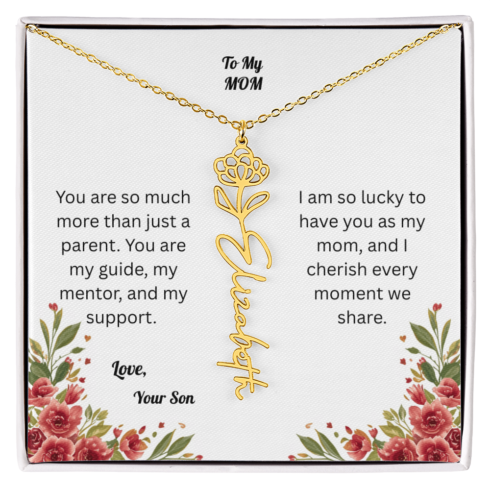 The Mother's Day Garden: Custom Birth Flower and Name Necklace from Son