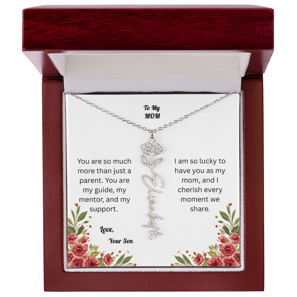 The Mother's Day Garden: Custom Birth Flower and Name Necklace from Son