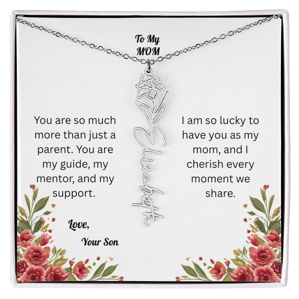 The Mother's Day Garden: Custom Birth Flower and Name Necklace from Son