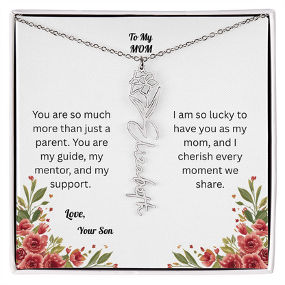 The Mother's Day Garden: Custom Birth Flower and Name Necklace from Son