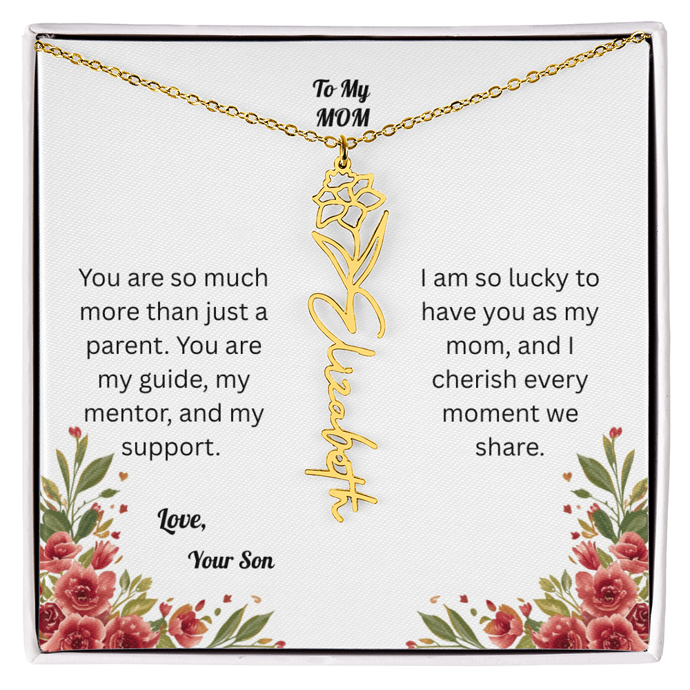 The Mother's Day Garden: Custom Birth Flower and Name Necklace from Son
