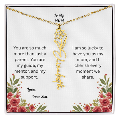 The Mother's Day Garden: Custom Birth Flower and Name Necklace from Son