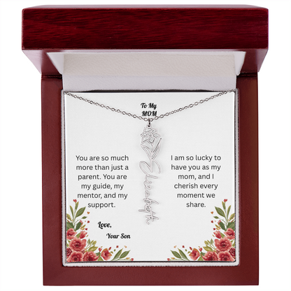 The Mother's Day Garden: Custom Birth Flower and Name Necklace from Son